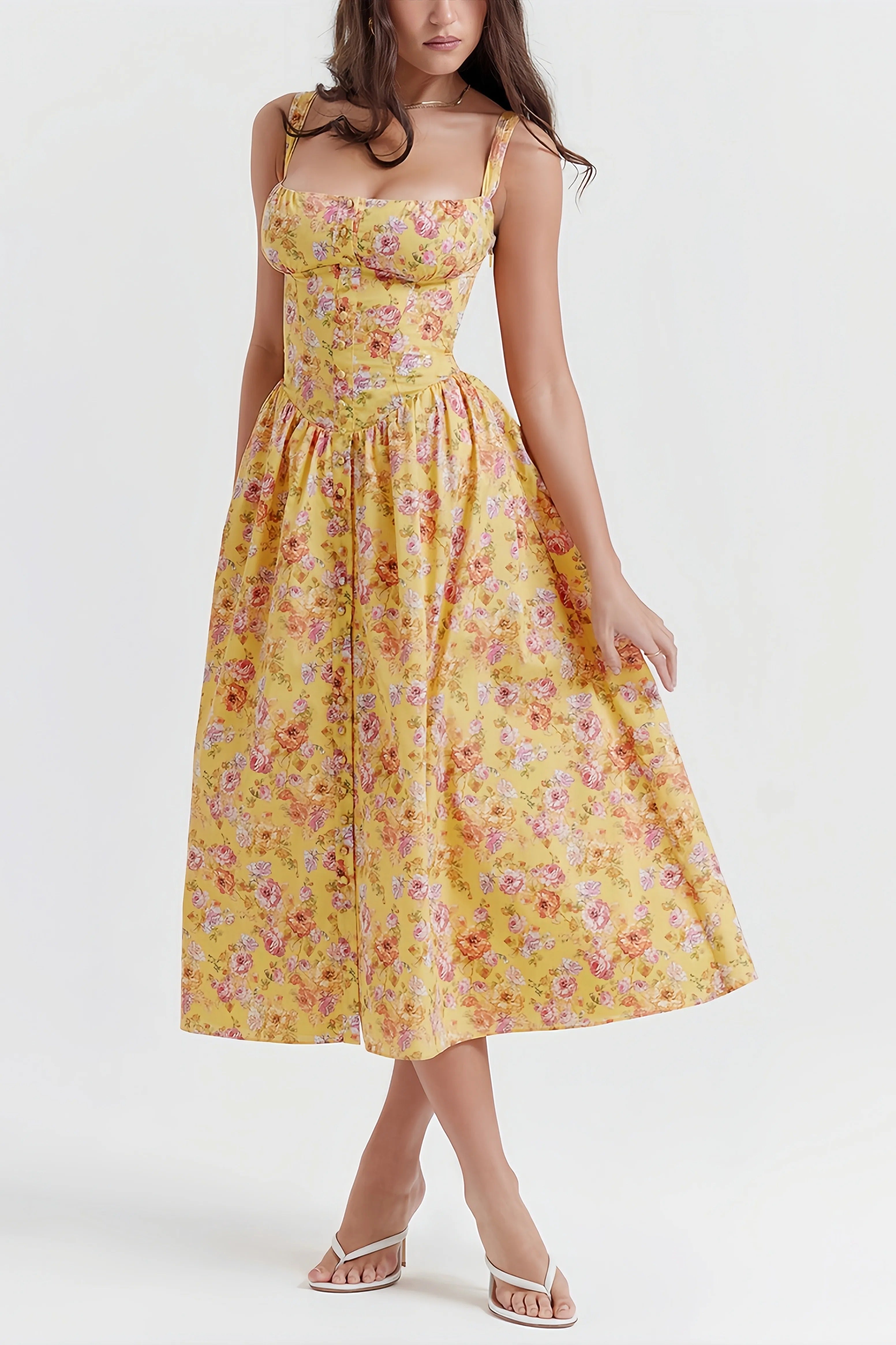 Gele bloemen midi-jurk met getailleerde taille