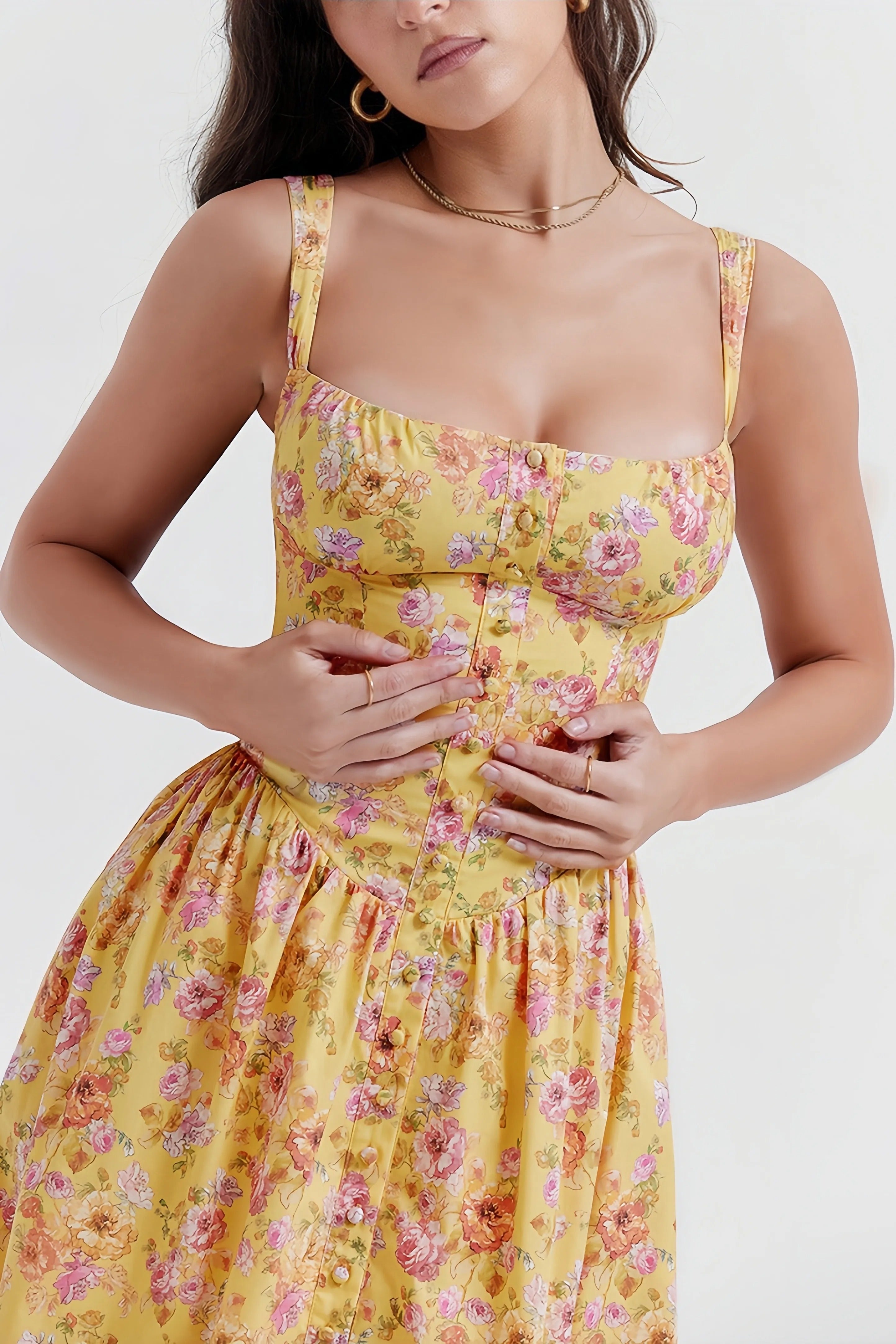 Gele bloemen midi-jurk met getailleerde taille