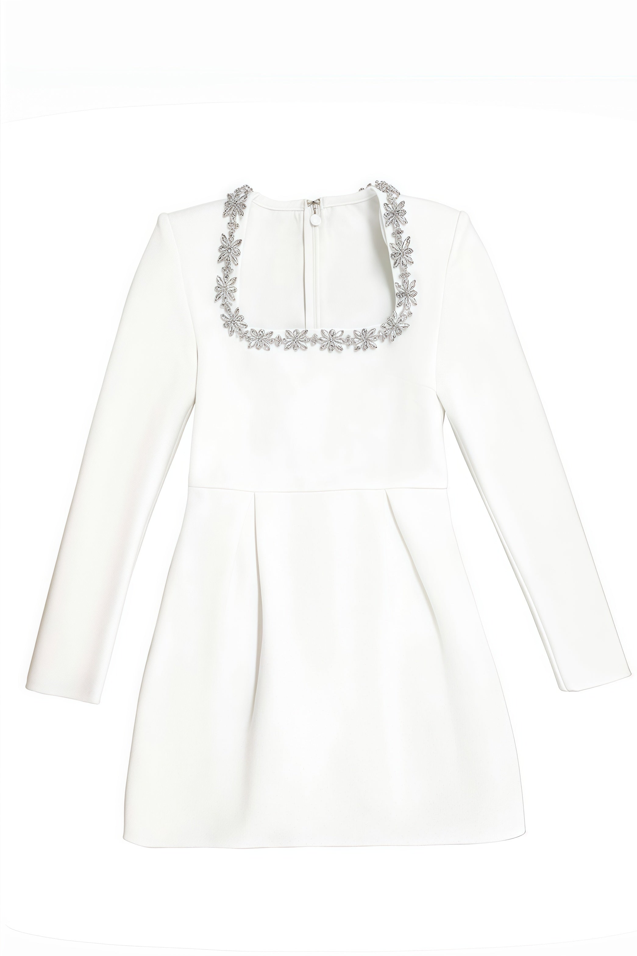 Witte mini-jurk met lange mouwen en versierde vierkante halslijn