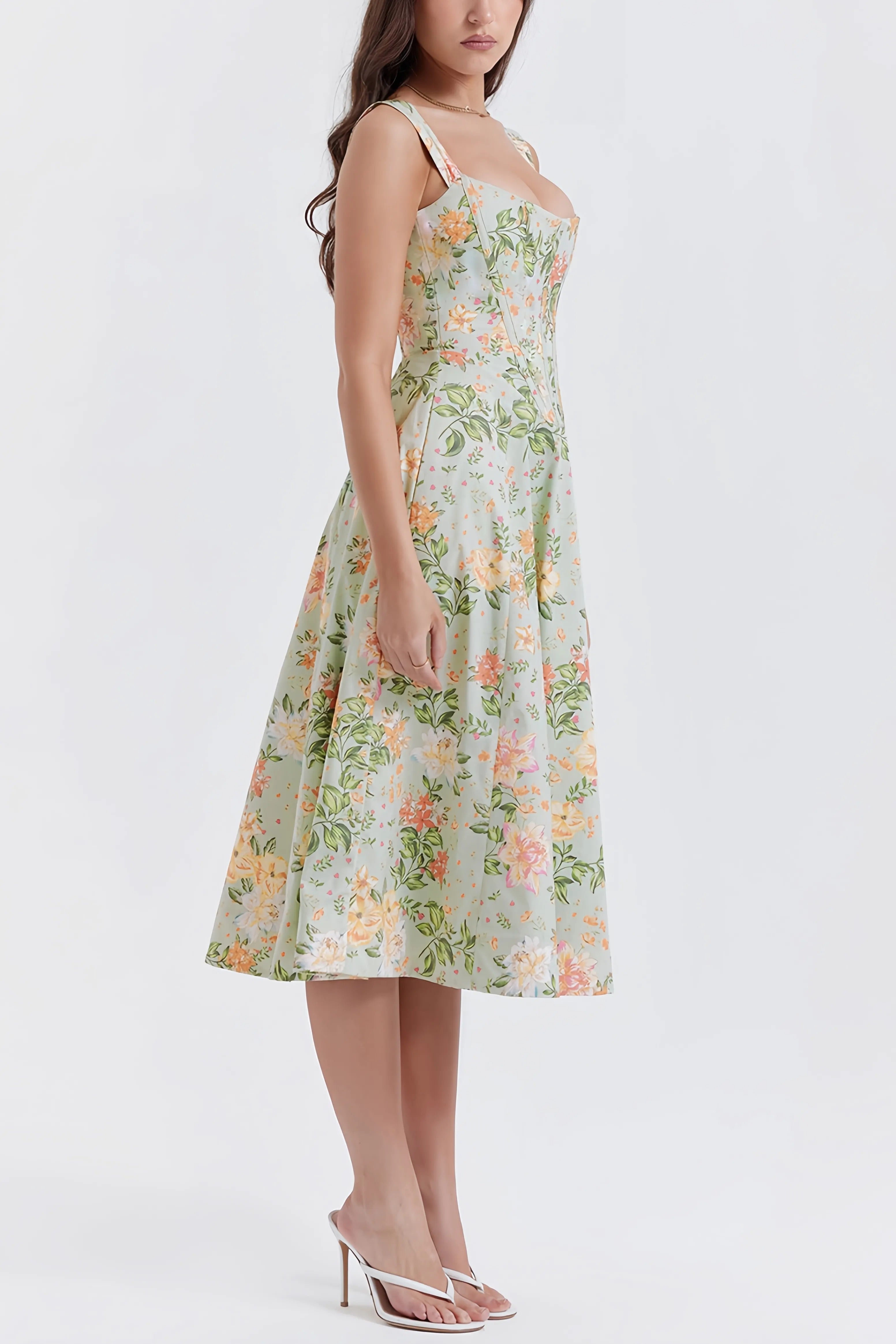 Groene bloemen midi-jurk met split