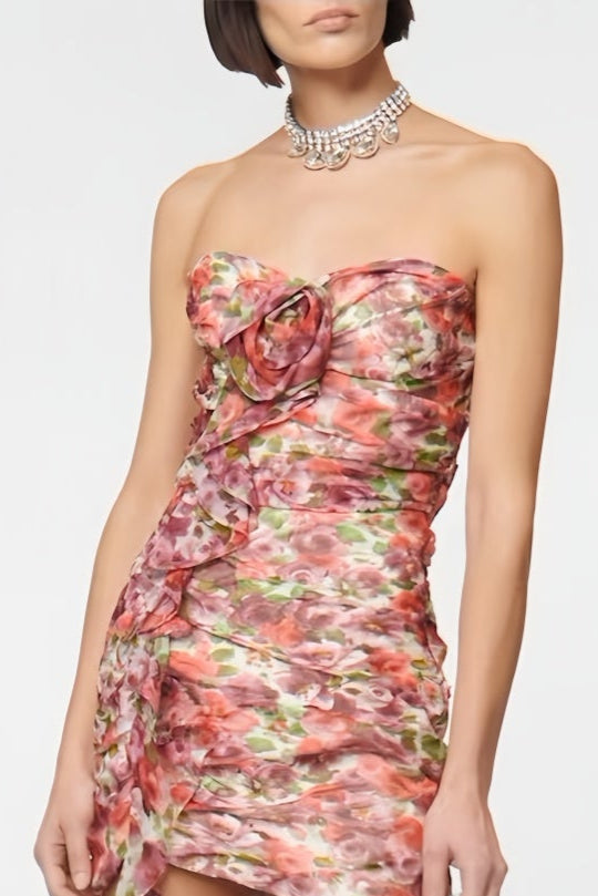 Strapless roze mini-jurk met patroon en drapering