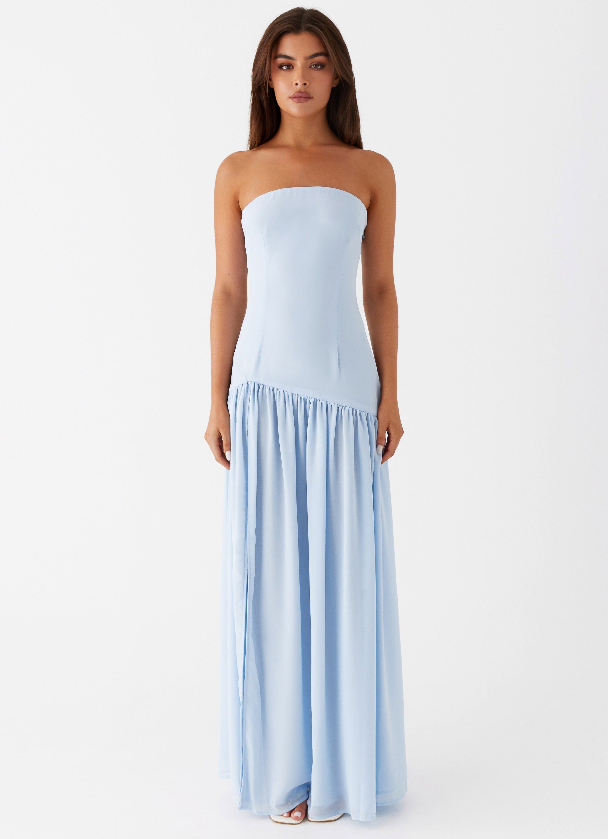 Lichtblauwe strapless maxi-jurk met split
