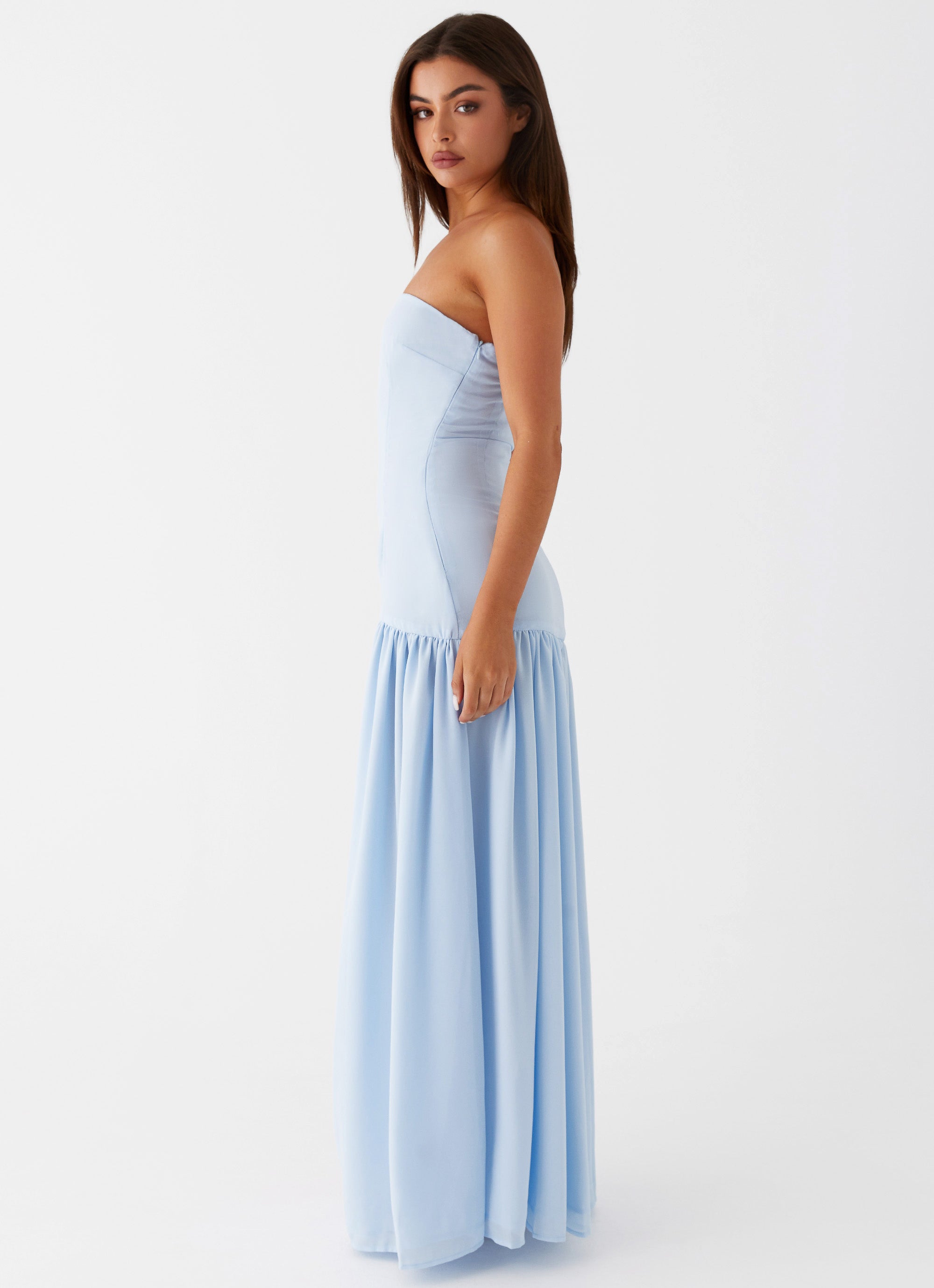Lichtblauwe strapless maxi-jurk met split