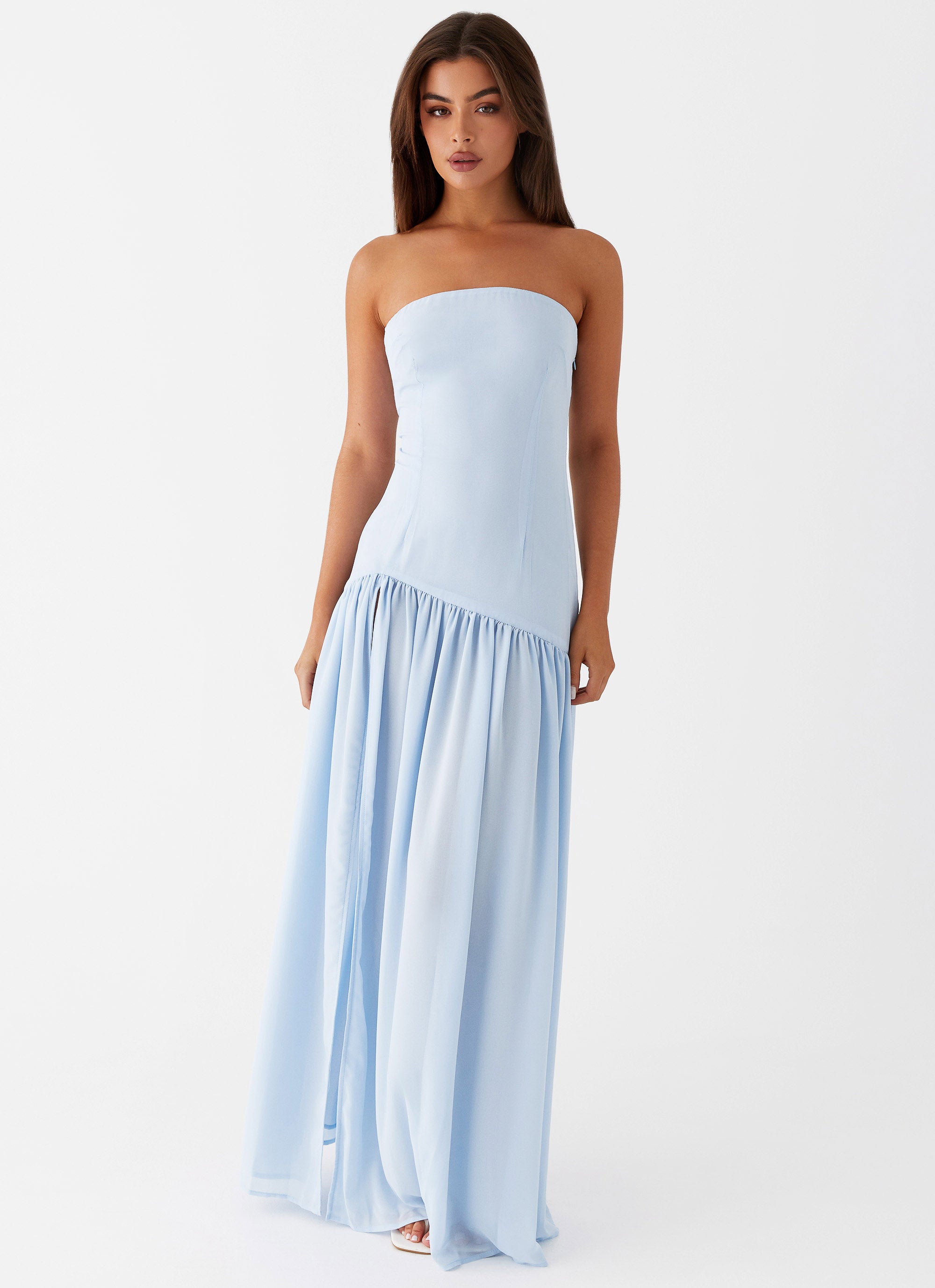 Lichtblauwe strapless maxi-jurk met split
