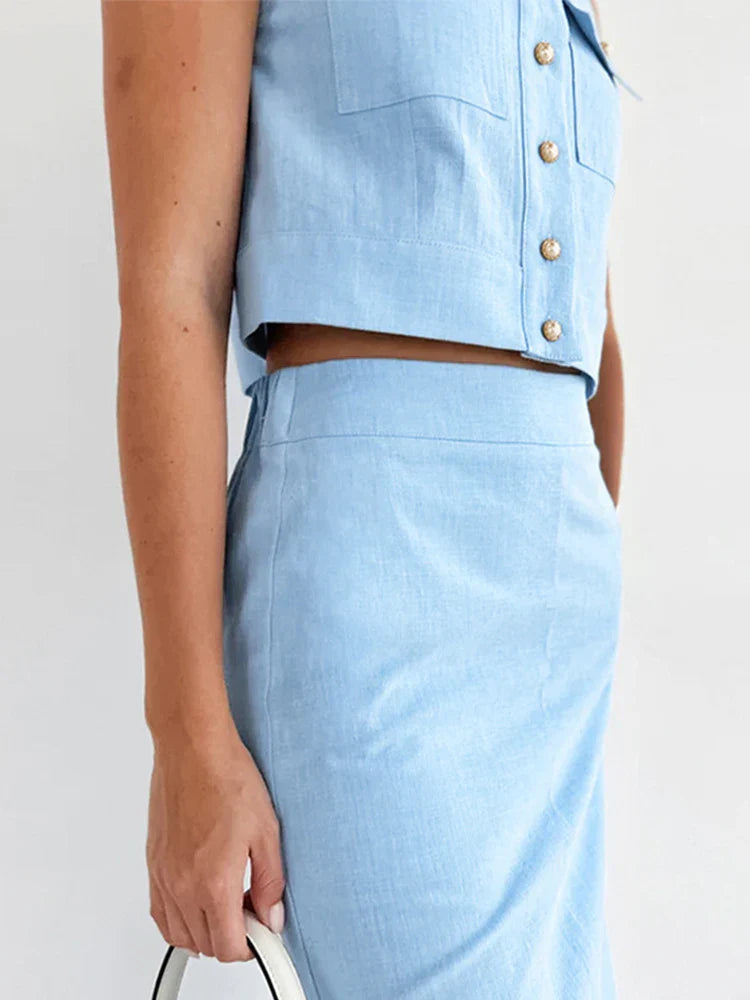 Mouwloze set met rok en top met split