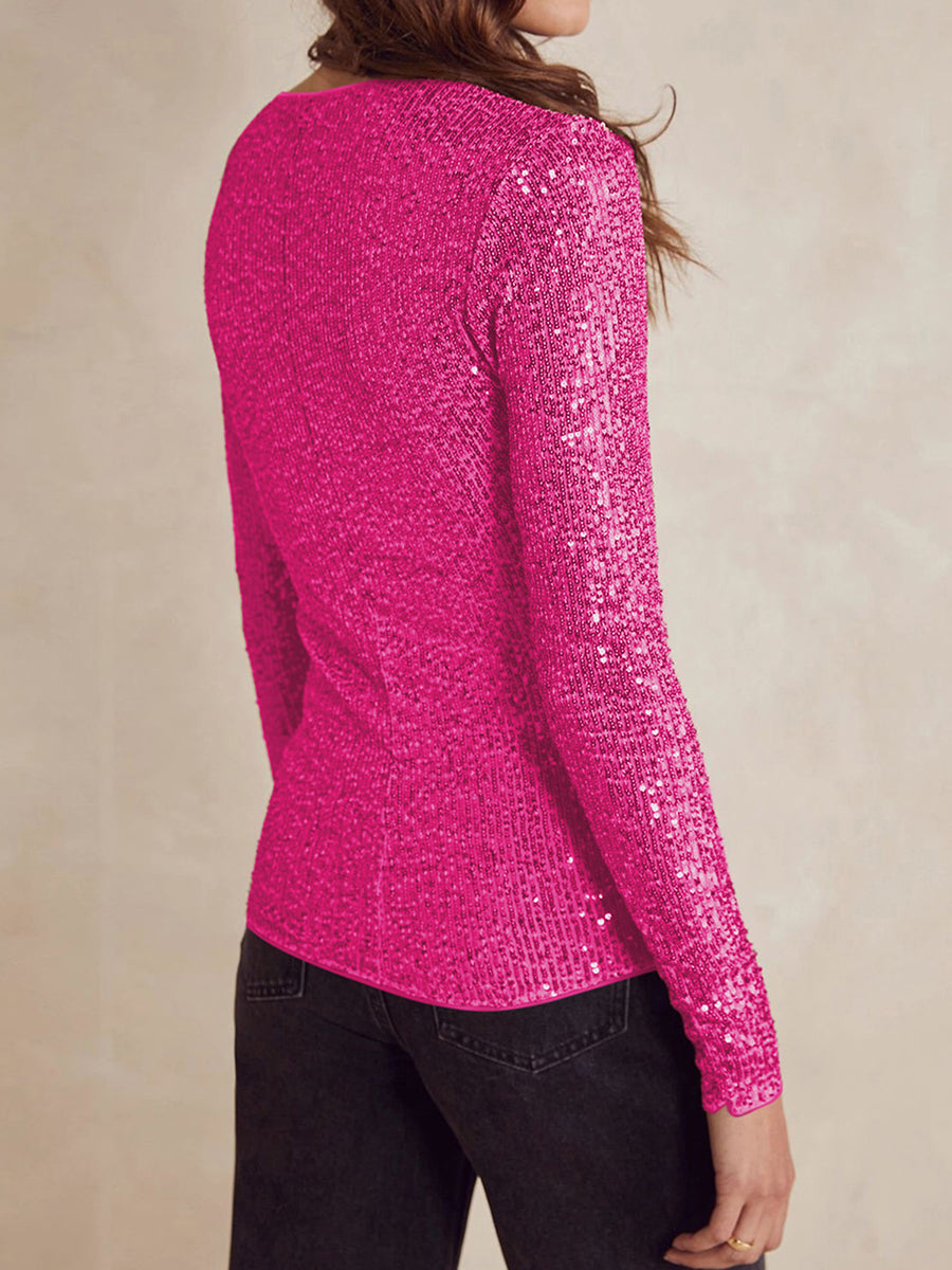 Glittrig långärmad skjorta med rund hals