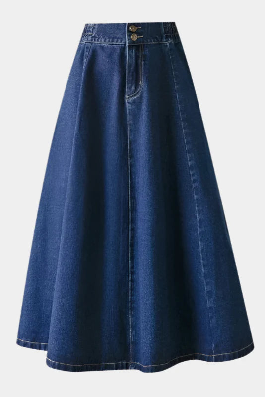 Blauwe Denim Midi Rok met Hoge Taille