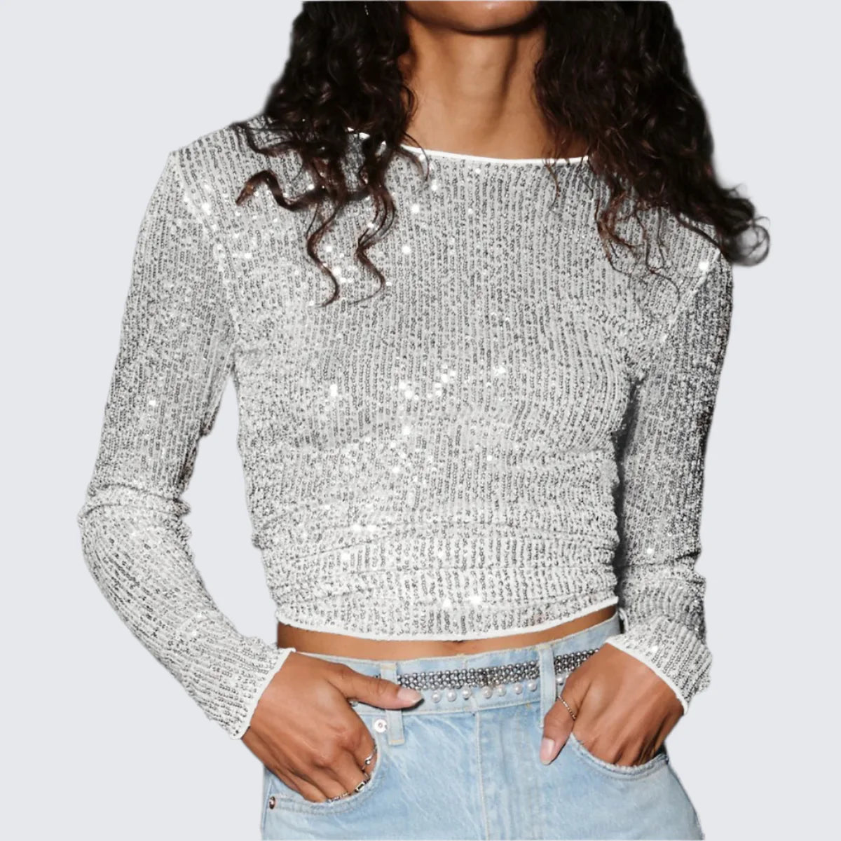 Glittrig långärmad skjorta med rund hals