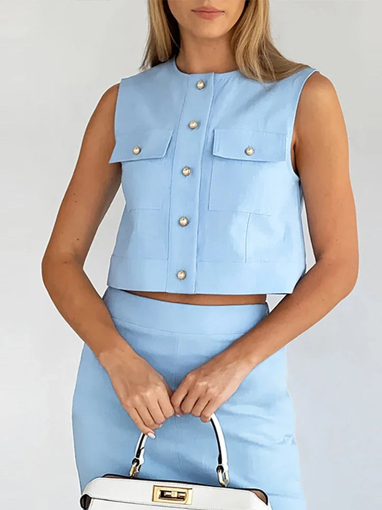Mouwloze set met rok en top met split