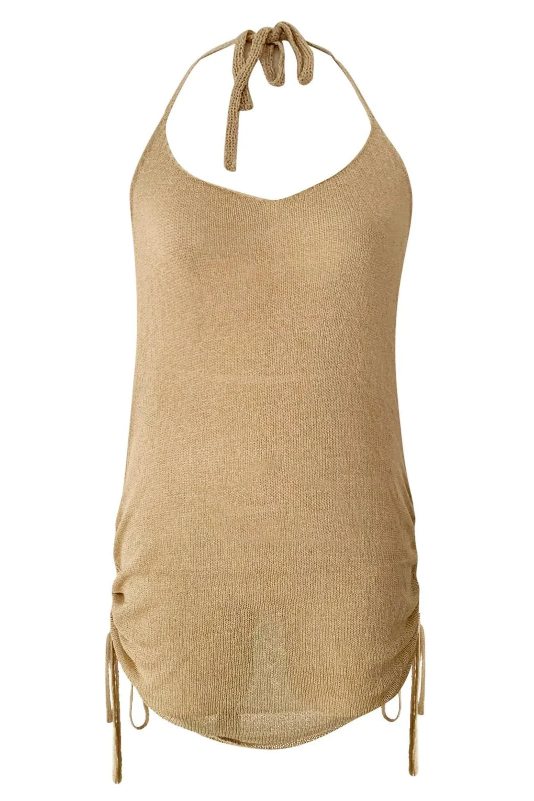 Beige Halter Mini Jurk met Strikkoorden aan de Zijkant
