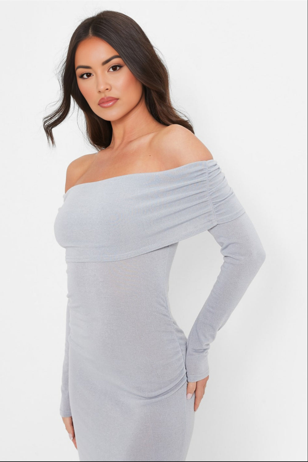 Lichtgrijze Off-Shoulder Maxijurk