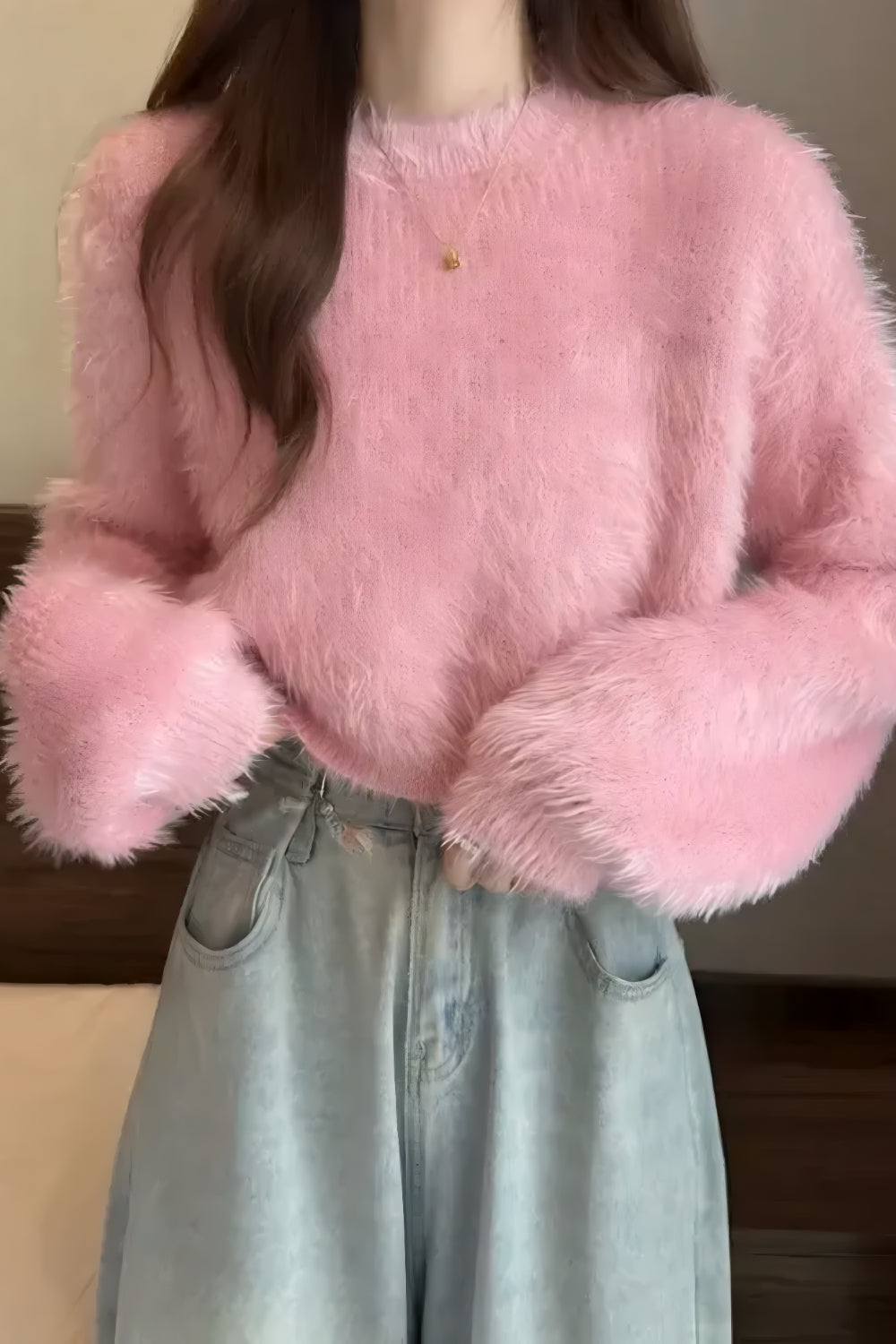 Zachte Pluizige Trui met Ronde Hals