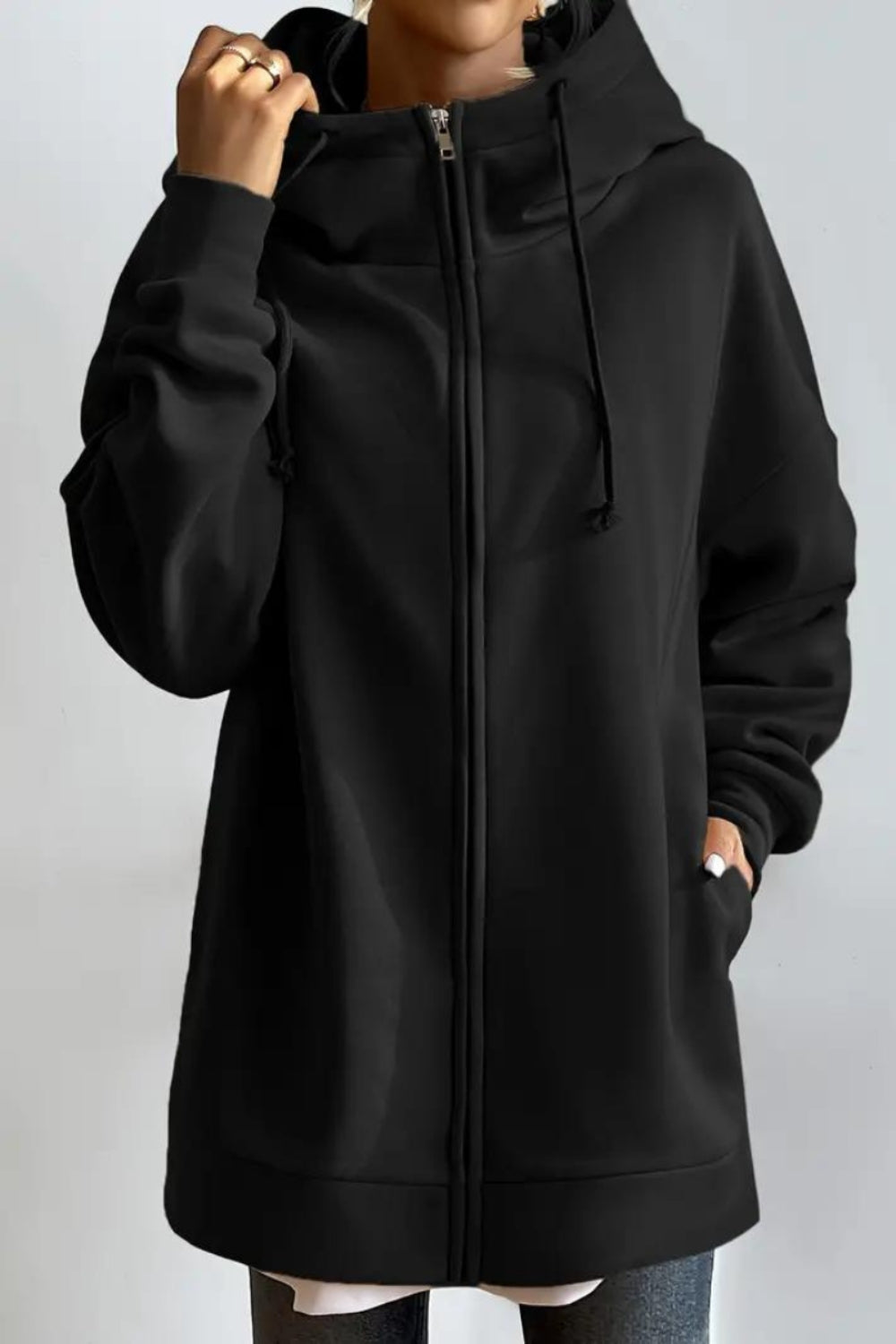 Lange hoodie met hoge kraag en rits