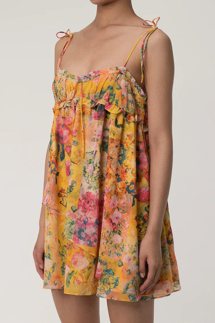 Gele Mini Jurk met Bloemige Textuur
