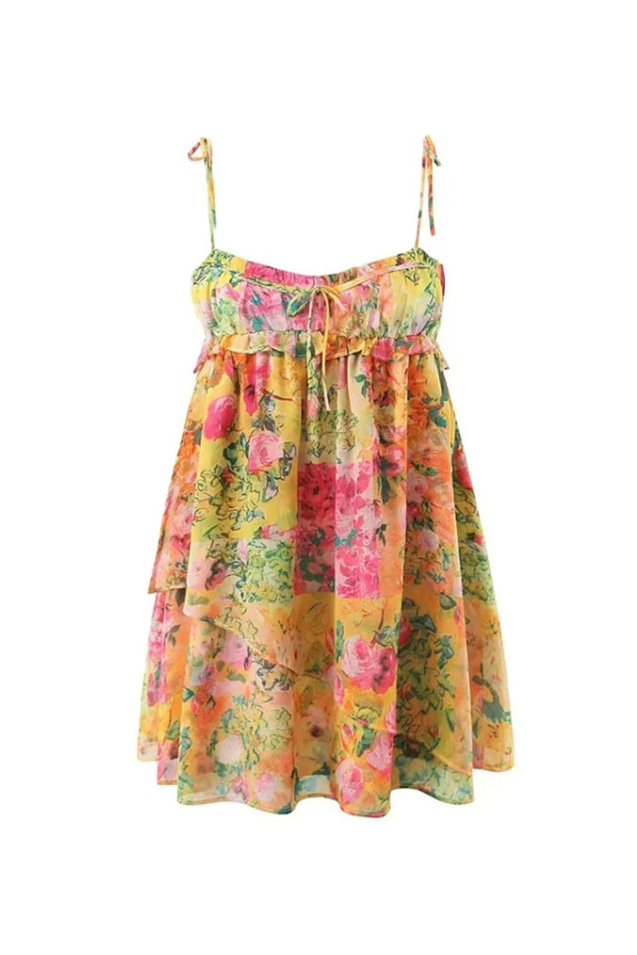 Gele Mini Jurk met Bloemige Textuur