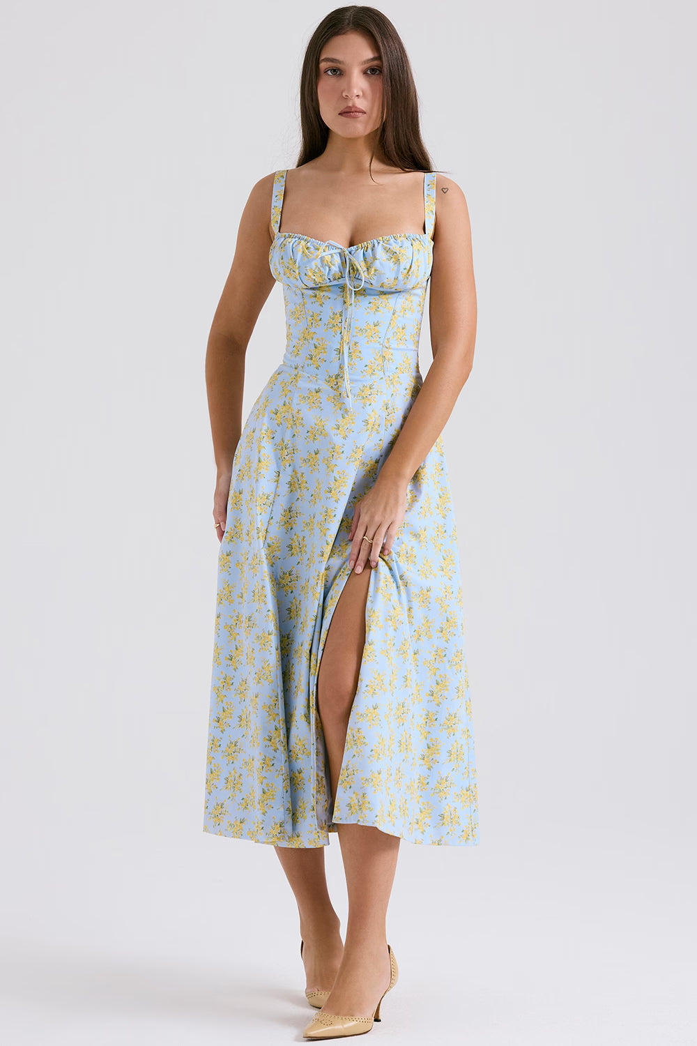 Lichtblauwe Corset Midi Jurk met Bloemenprint