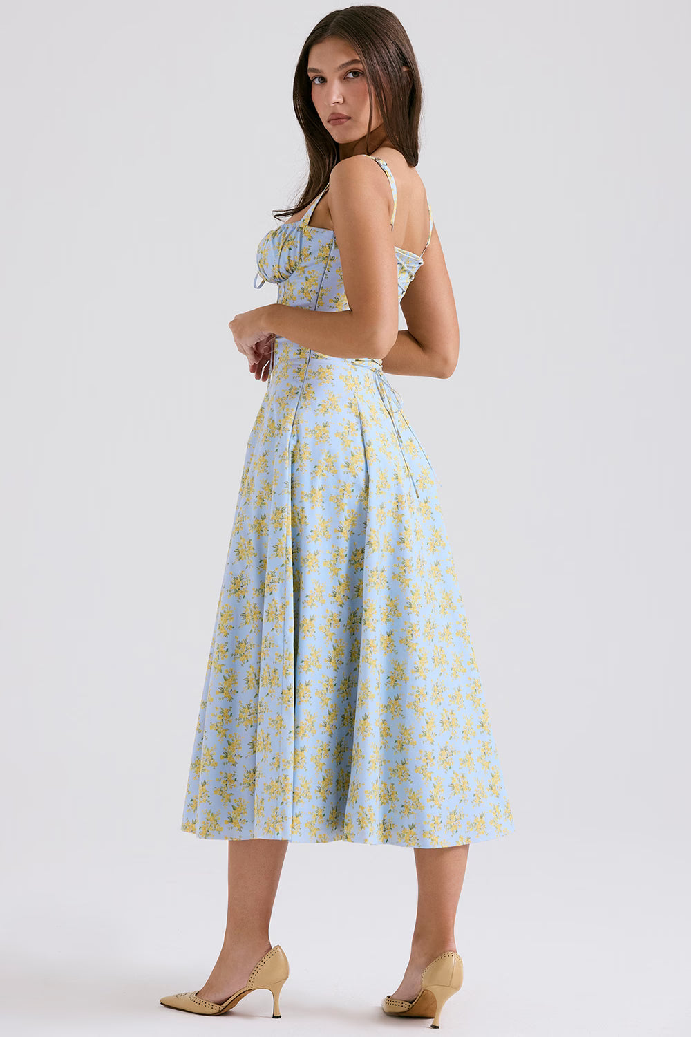 Lichtblauwe Corset Midi Jurk met Bloemenprint