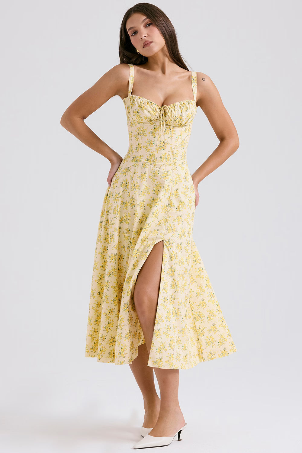 Gele Bloemen Corset Midi Jurk