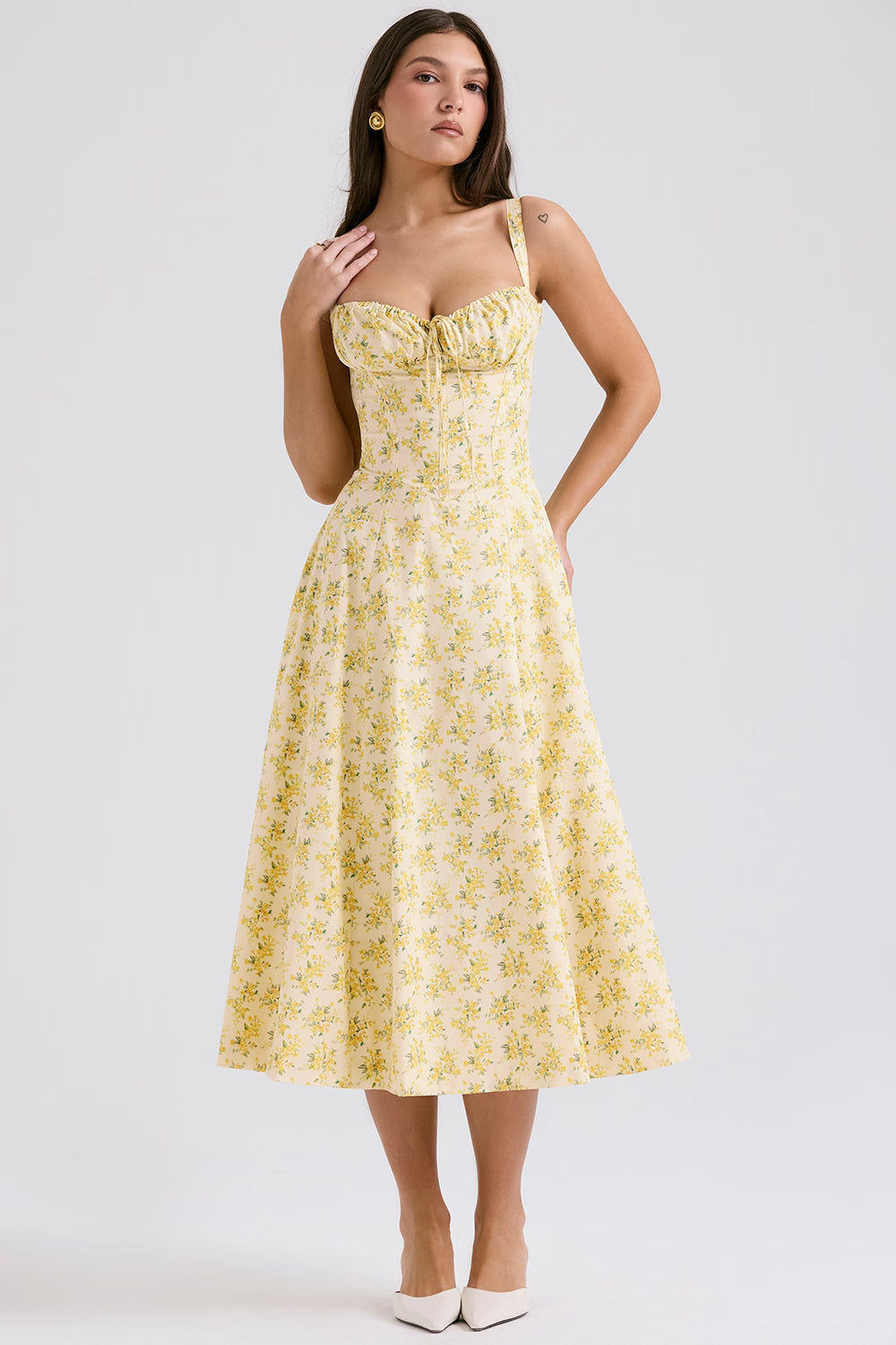 Gele Bloemen Corset Midi Jurk