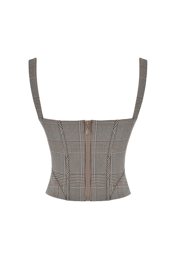 Monokromt rutig korsett med fyrkantig hals och minikjol med utskärning