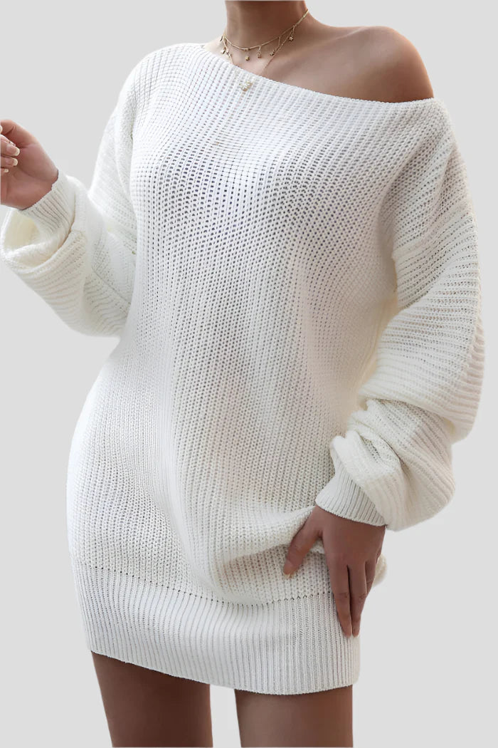 Witte Gebreide Off-Shoulder Sweaterjurk