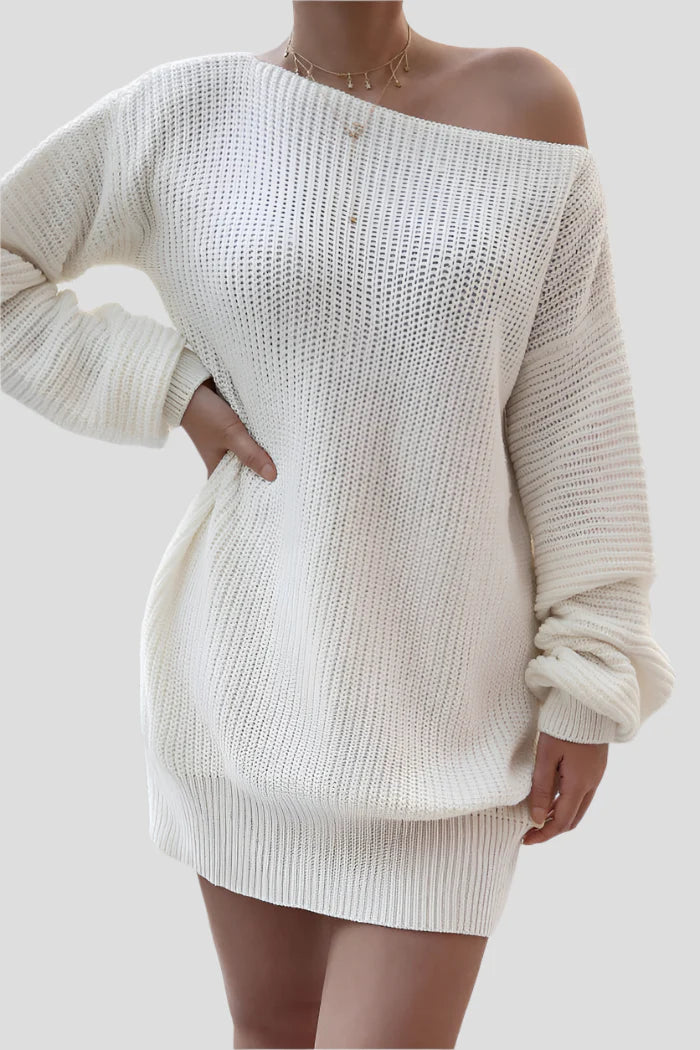 Witte Gebreide Off-Shoulder Sweaterjurk