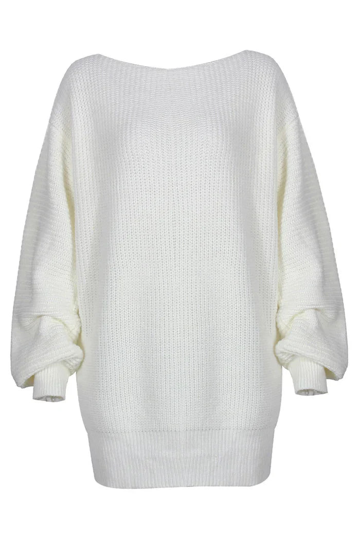 Witte Gebreide Off-Shoulder Sweaterjurk
