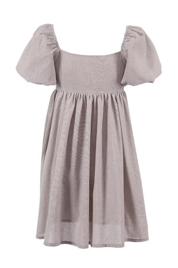 Beige Mini Jurk met Pofmouwen