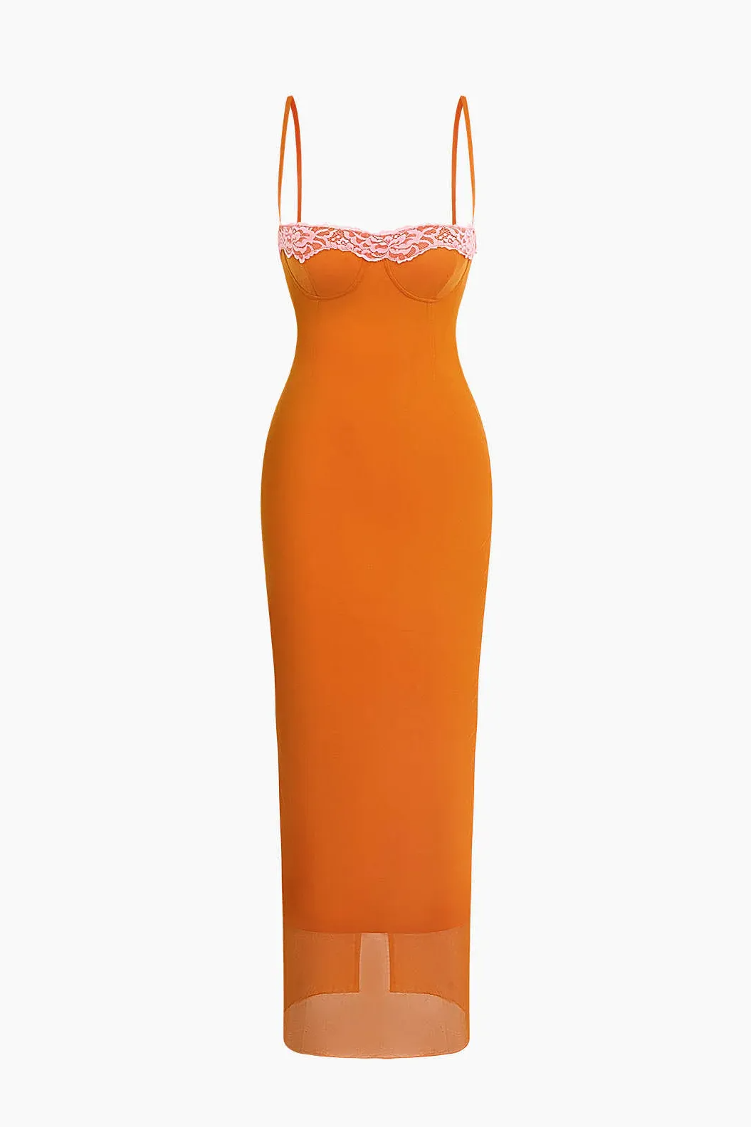 Oranje mesh jurk met roze kanten rand