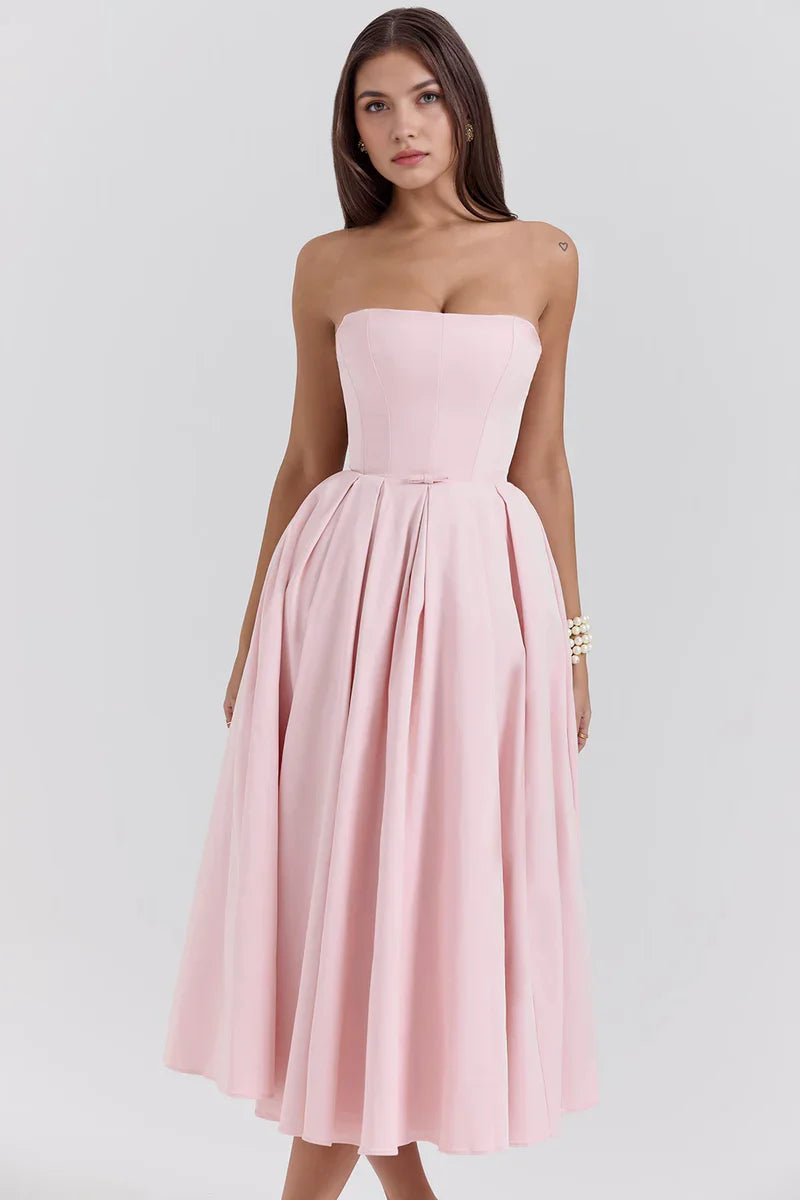 Mirage Strapless Midi Jurk met Plooirok