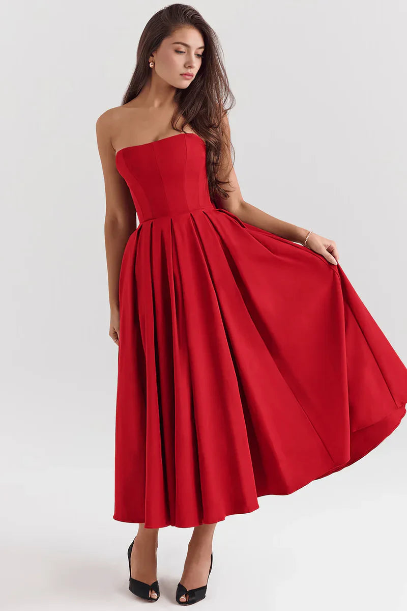 Mirage Strapless Midi Jurk met Plooirok