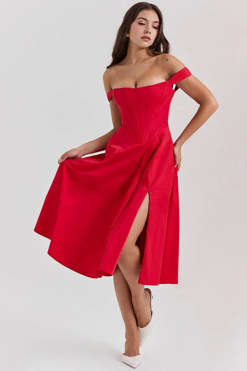 Off-Shoulder Corset Midi Jurk