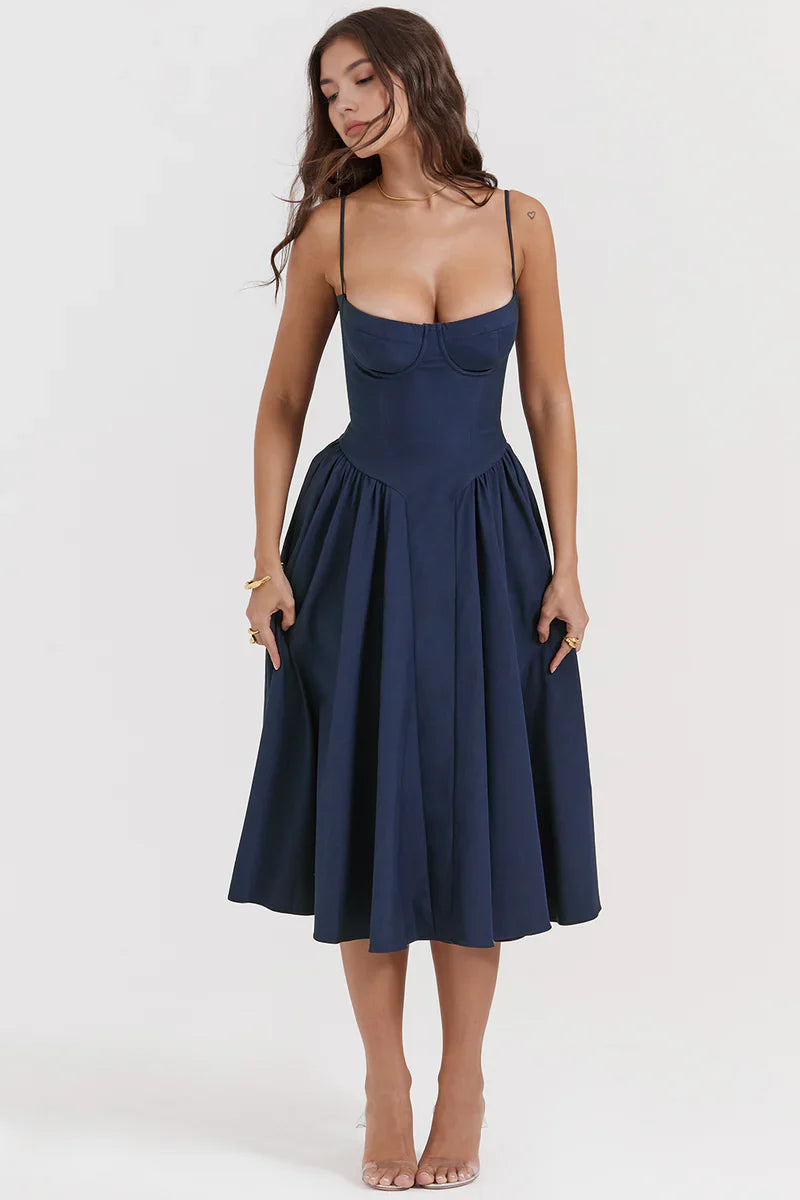 Corset Midi Jurk met Spaghettibandjes