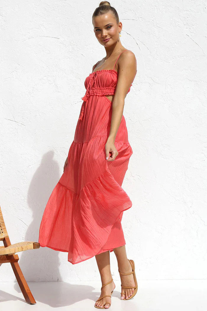 Koraalkleurige Maxi Jurk met Cut-Out Zijkanten