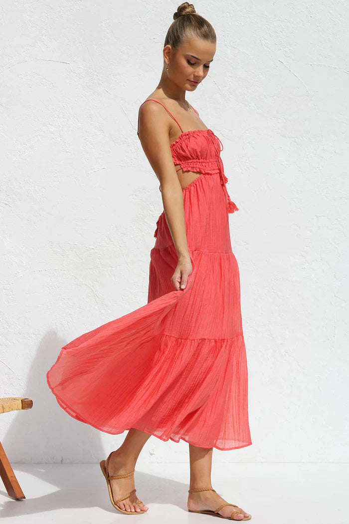 Koraalkleurige Maxi Jurk met Cut-Out Zijkanten