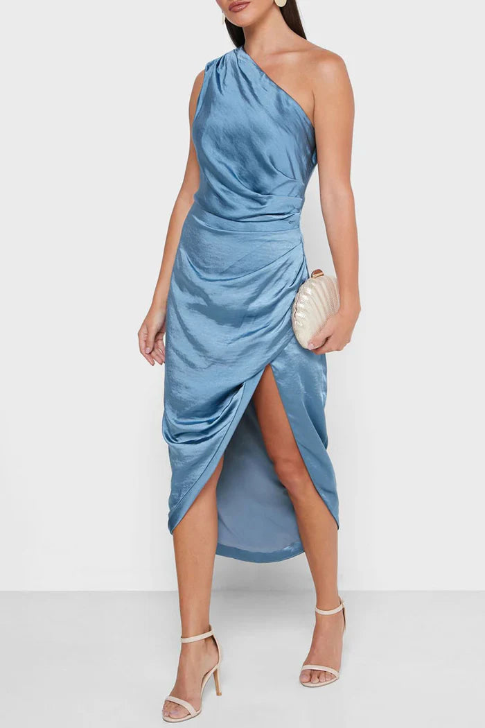 Blauwe One-Shoulder Satijnen Jurk