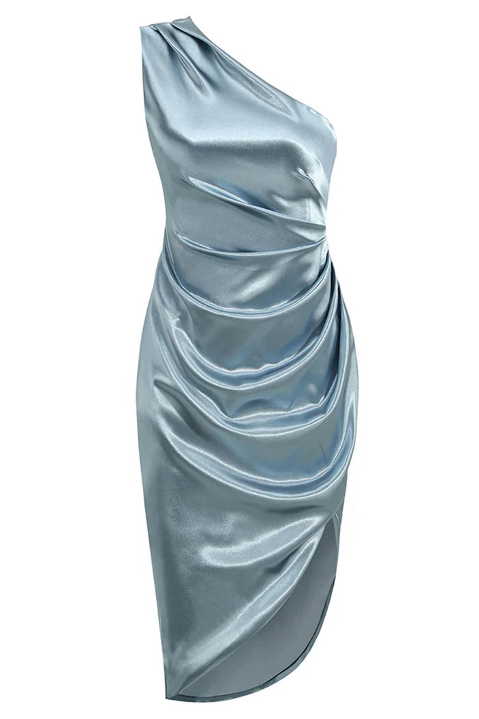 Blauwe One-Shoulder Satijnen Jurk