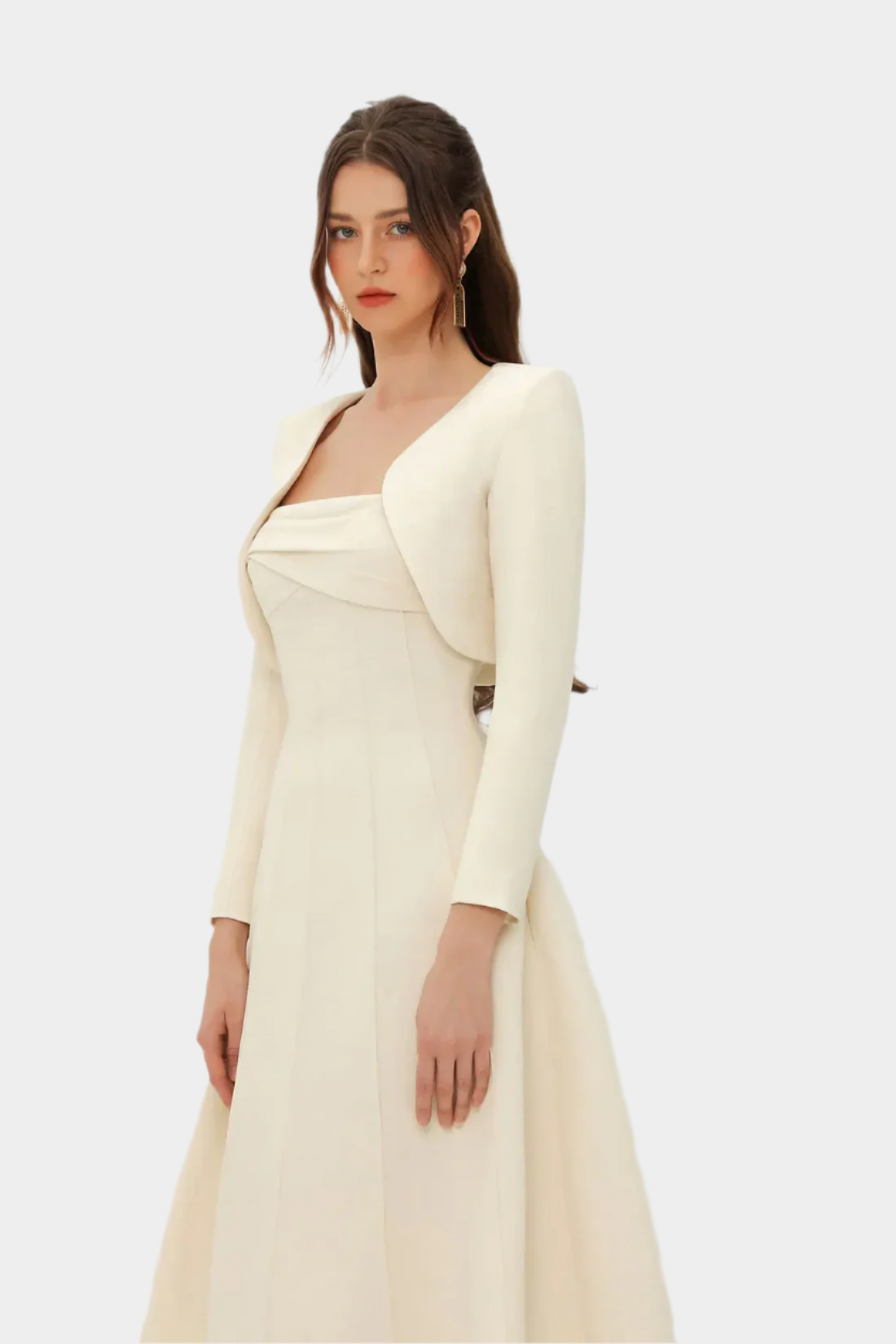Ivoren Midi Jurk met Lange Mouwen en Bolero