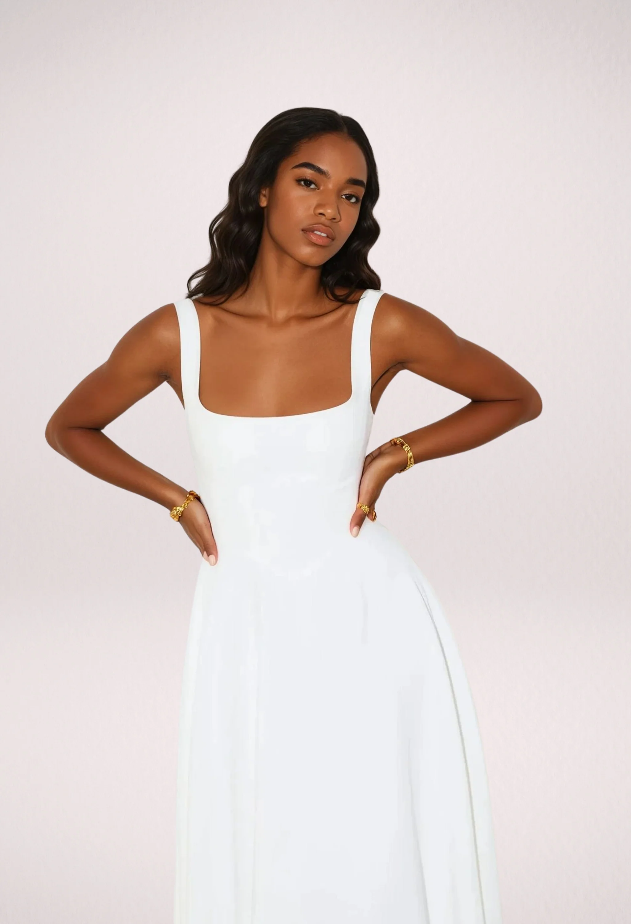 Witte Midi Jurk met Brede Bandjes