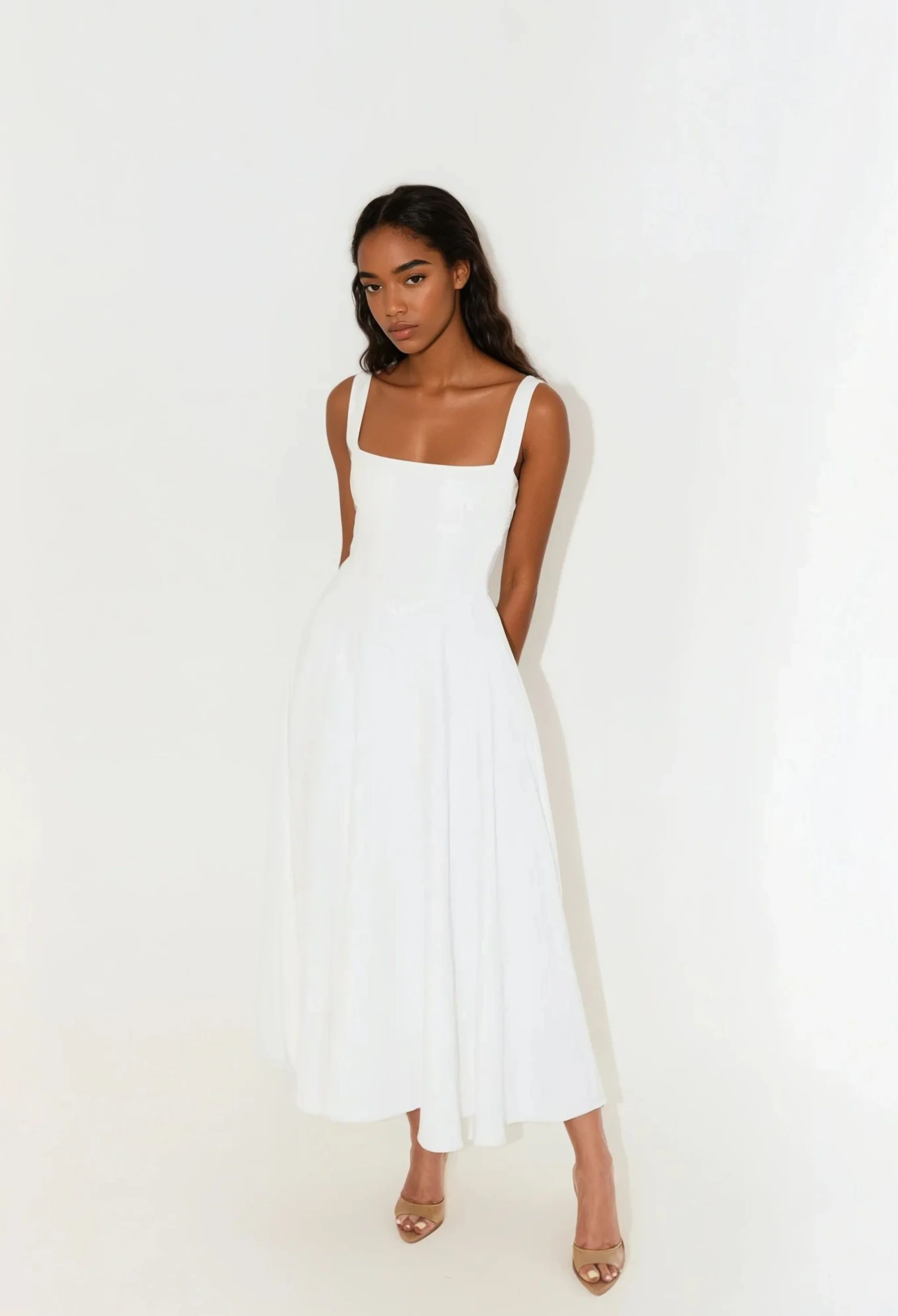 Witte Midi Jurk met Brede Bandjes