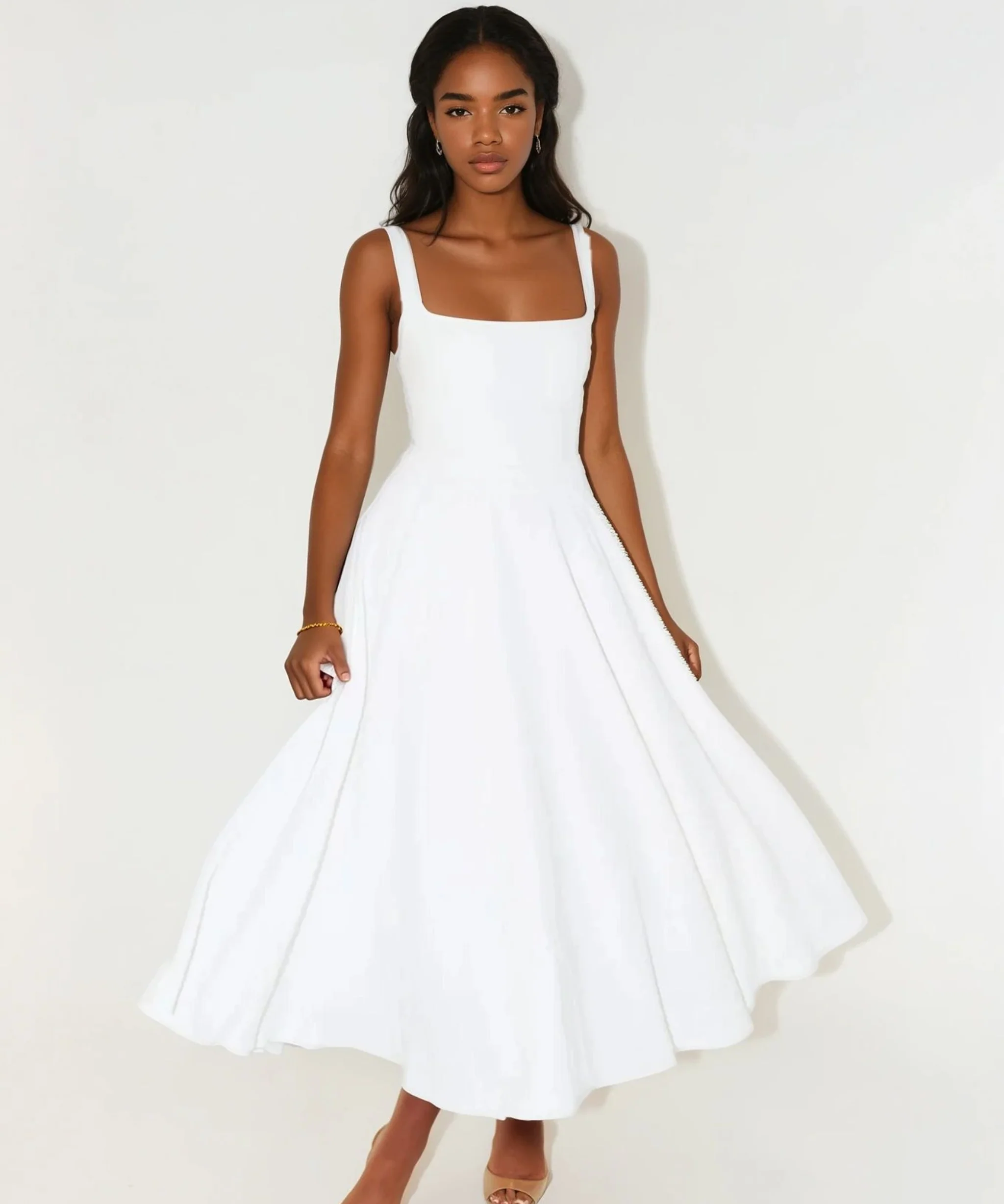 Witte Midi Jurk met Brede Bandjes