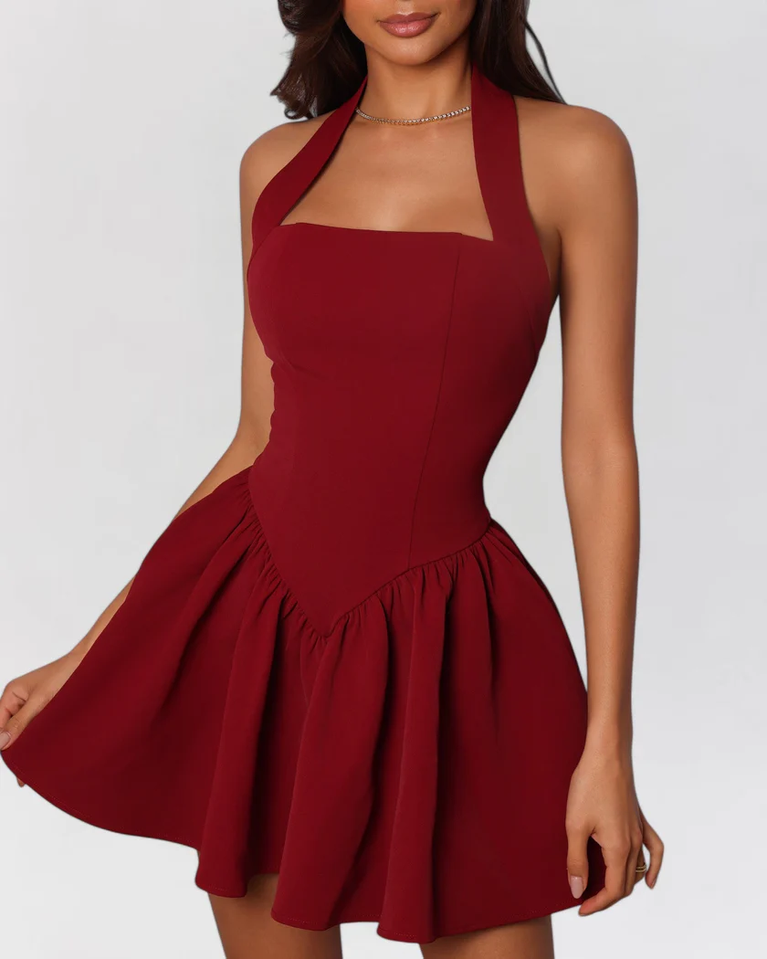 Halter Mini Jurk met Uitlopende Rok