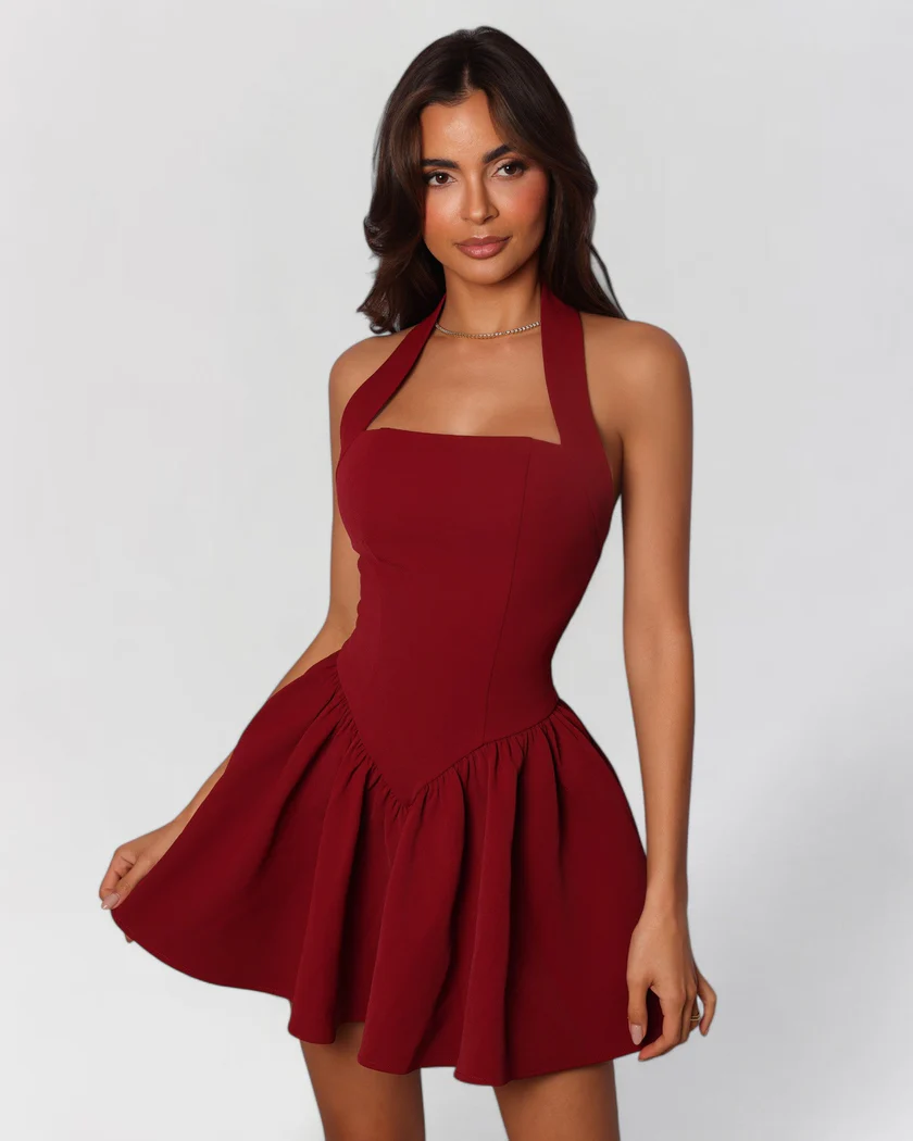 Halter Mini Jurk met Uitlopende Rok