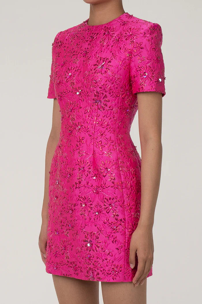 Roze Geborduurde Mini Jurk met Bloemen