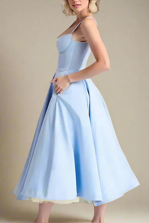Corset Midi Jurk met Kant en Dunne Bandjes