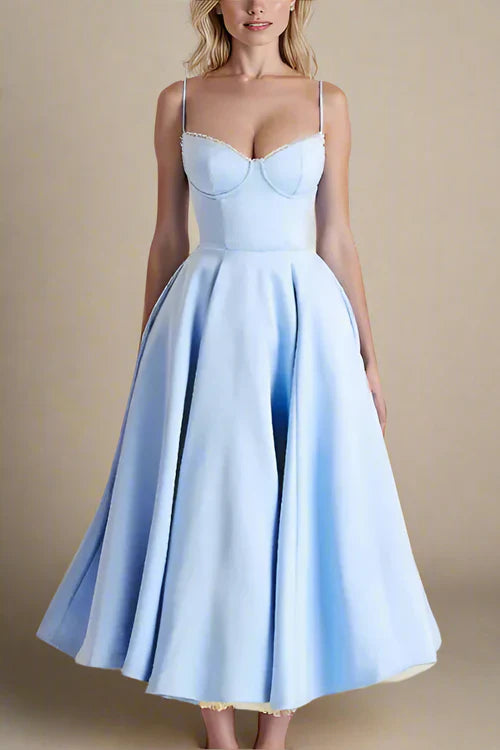 Corset Midi Jurk met Kant en Dunne Bandjes