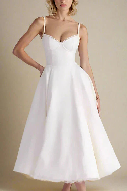 Corset Midi Jurk met Kant en Dunne Bandjes