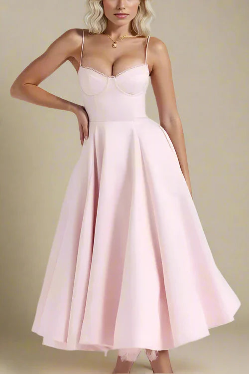 Corset Midi Jurk met Kant en Dunne Bandjes