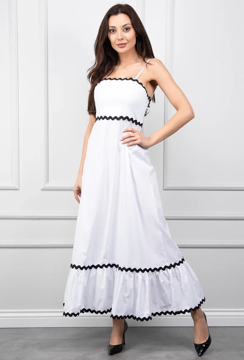 Witte Maxi Jurk met Zwarte Afwerking