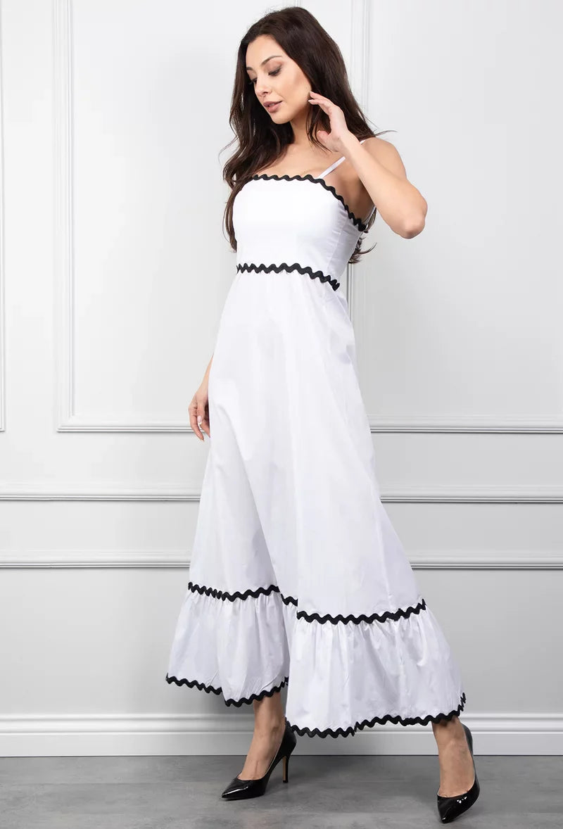 Witte Maxi Jurk met Zwarte Afwerking